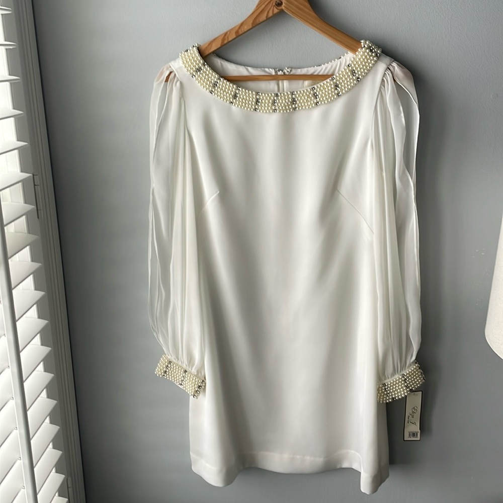 NWT Eliza J Missy Ivory Pearl Collar Long Sleeve Dress